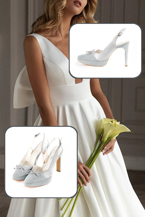 Dress slingback bow heels in pearl grey and silver leather with high slim heels with a platform at the front and tapered toe - Top view